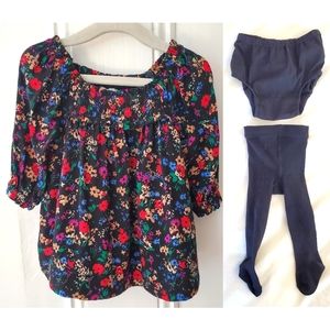 baby GAP Smocked Floral Dress w/ Bloomers and Old Navy tights 0-3 M Girl